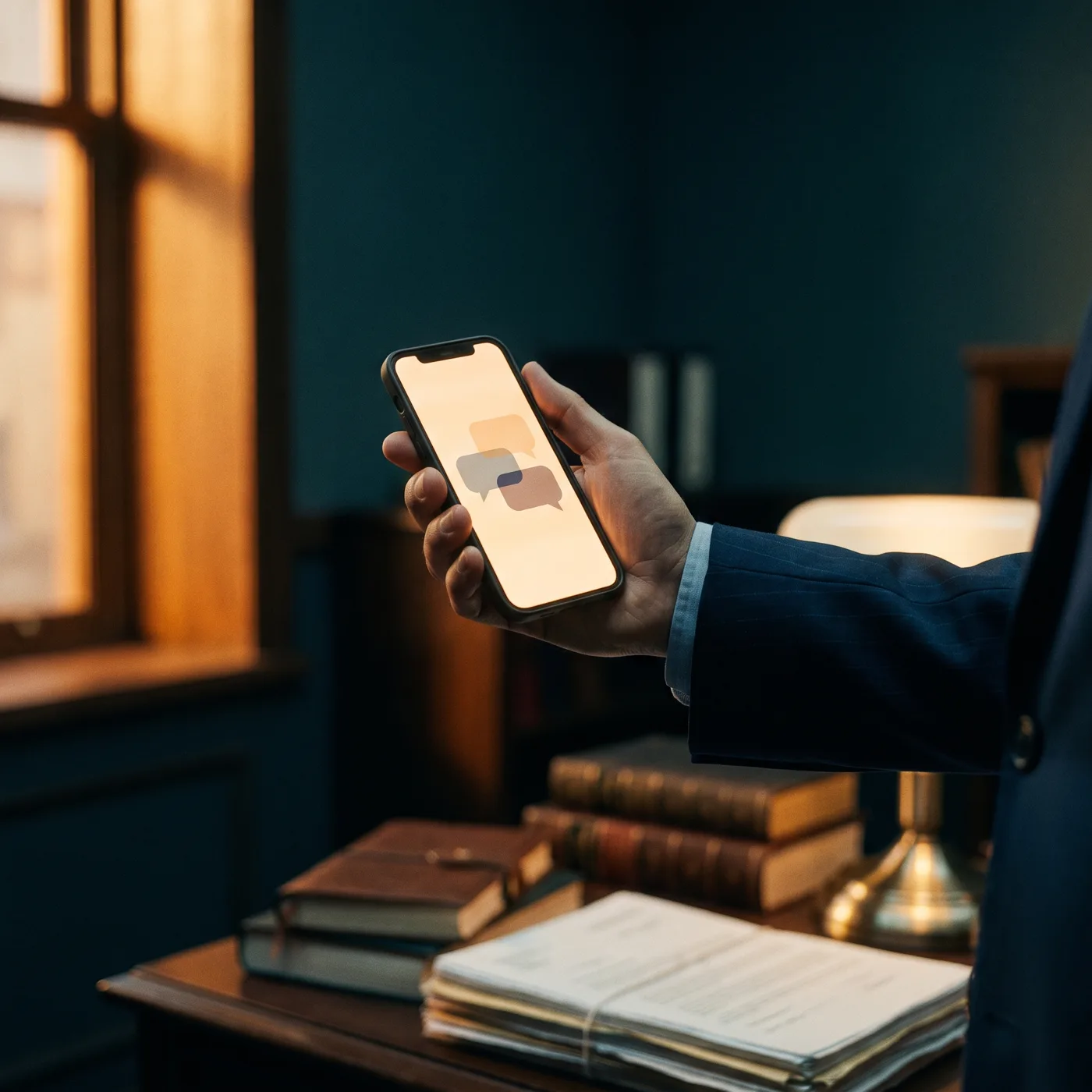 Mão de advogado segurando um celular com uma conversa na tela, num escritório