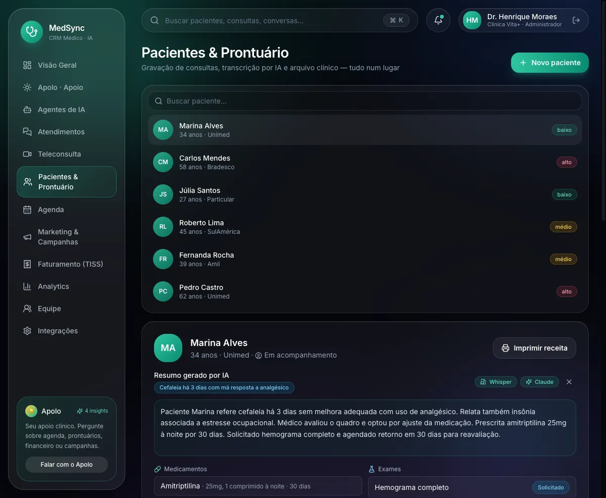 Tela de gravação da consulta no MedSync
