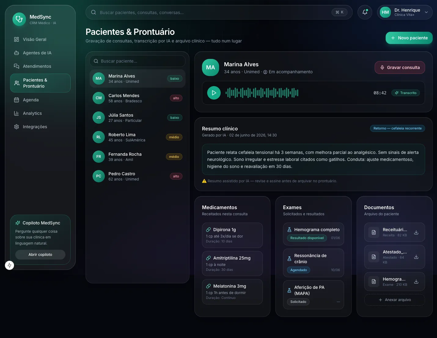 Tela de pacientes do MedSync